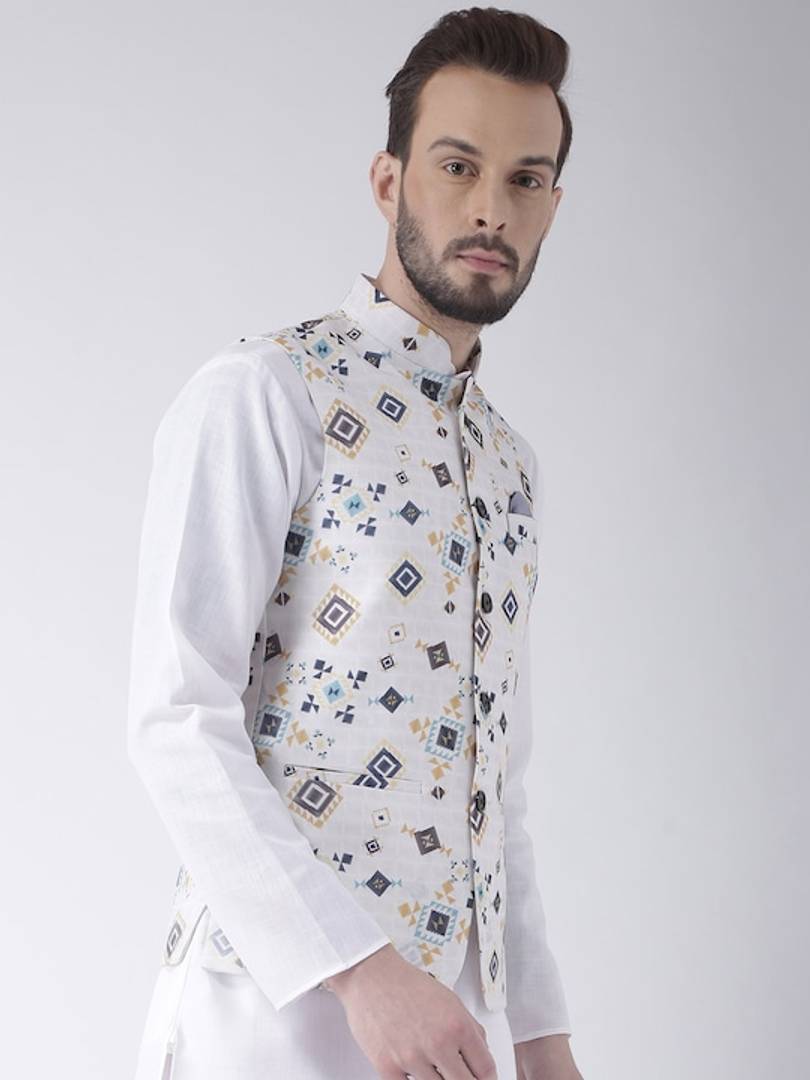 Men's Off White 
Cotton Blend
 Printed Nehru Jackets